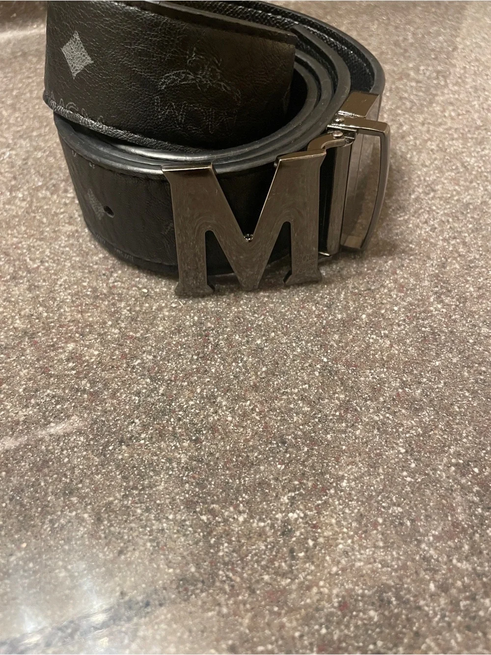 MCM Black Leather Belt with Silver 'M' Buckle